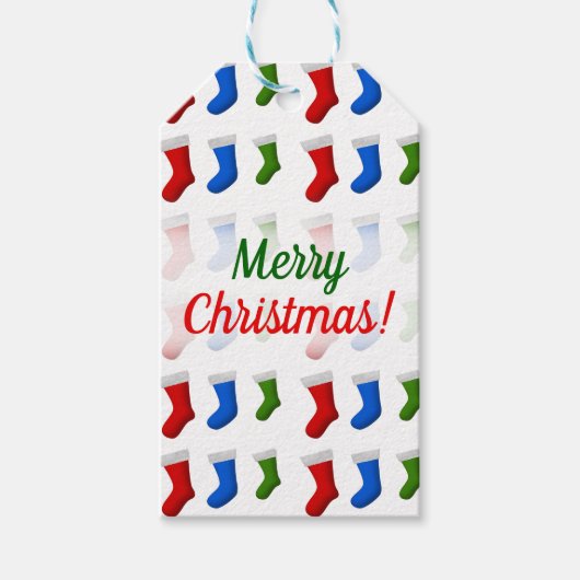 Étiquettes-cadeau Noël ; Bas de Noël rouges, bleus et verts (Devant)