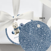 Étiquettes Cadeau Noël, Chiot Festif, Balle Bleue et Argent