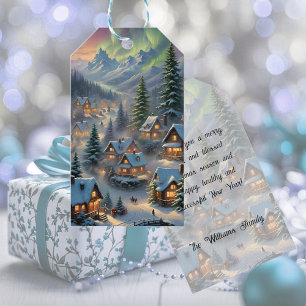 Étiquettes-cadeau Noël dans un village de montagne, lumières polaire