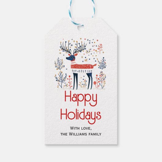 Étiquettes-cadeau Noël de style scandinave cerf rouge bleu (Dos)