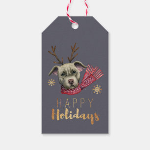 Étiquettes-cadeau Noël drôle du chien de pitbull de renne de No