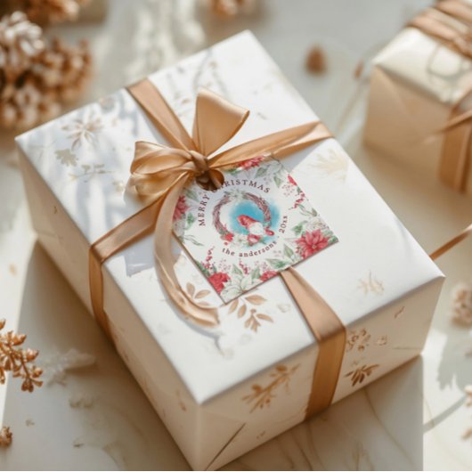 Étiquettes Cadeau Noël Gnome Fête Élégante Florale