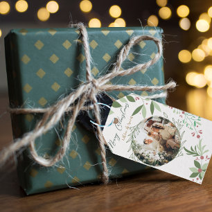 Étiquettes-cadeau Noël Holly Botanical Green Photo Marine