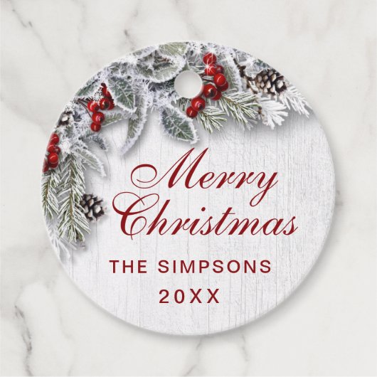 Étiquettes Cadeau Noël Holly Pine Branch Rustic Holiday (Devant)