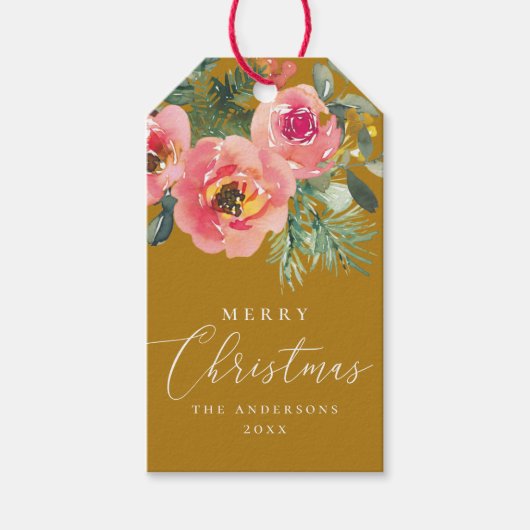 Étiquettes-cadeau Noël Marron Moutarde | Floral Festif (Devant)