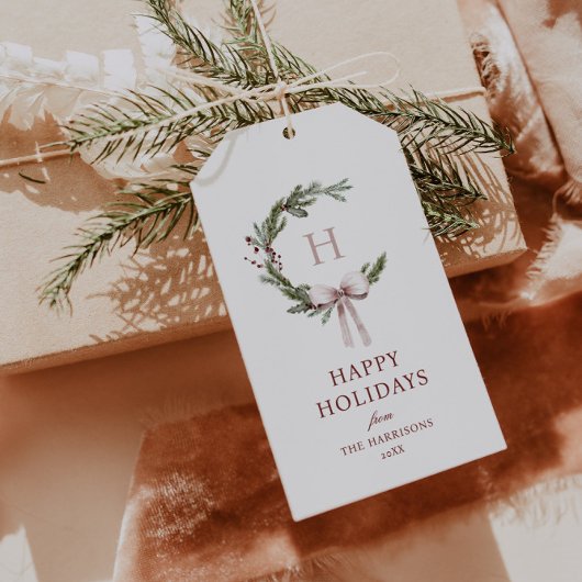 Étiquettes-cadeau Noel Monogramme Wreath Blush Bow
