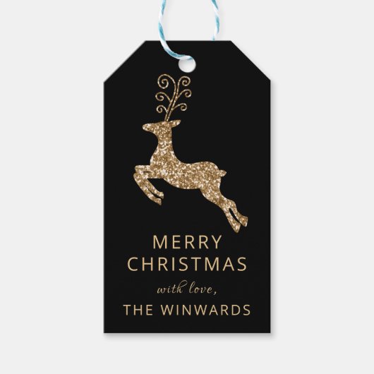 Étiquettes-cadeau Noël Noir et or Parties scintillant Reindeer (Devant)