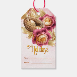 Étiquettes-cadeau Noël Oiseaux Rose Nid et Oeufs Joyeux Fêtes