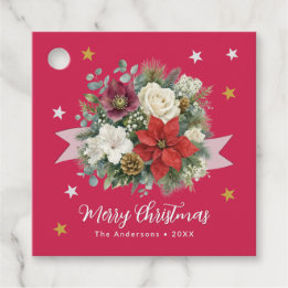 Étiquettes Cadeau Noël personnalisé élégant floral rouge pour les fê