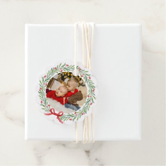 Étiquettes Cadeau Noël Photo Wreath Christmas Wish Family (En situation)