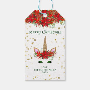 Étiquettes-cadeau Noël Poinsettia Unicorne avec Green Font Party