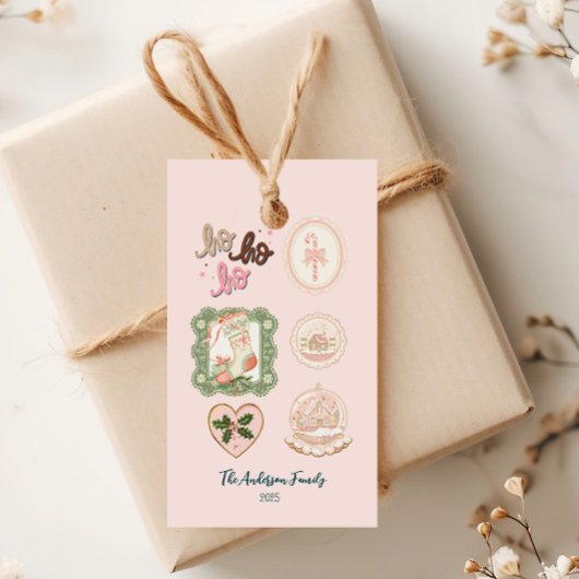 Étiquettes-cadeau Noël Rose Vert Rétro
