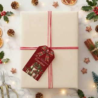 Étiquettes-cadeau Noël Ruban à Carreaux Rouge Bourgogne Personnalisé