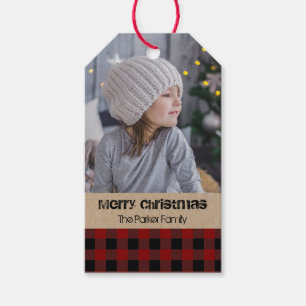 Étiquettes-cadeau Noël rustique de photo de plaid rouge de contrôl