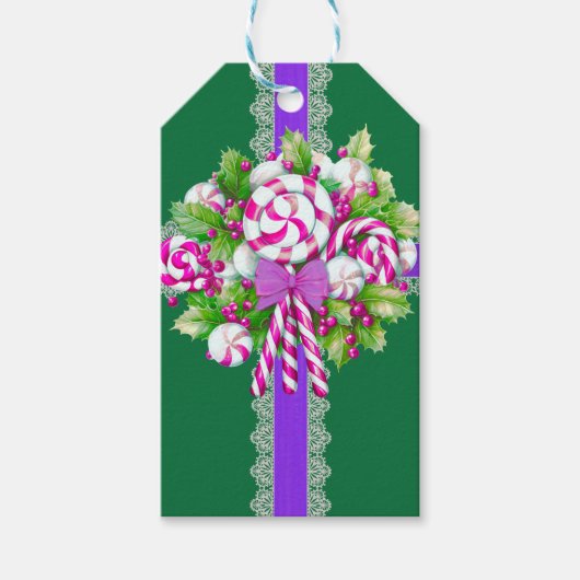 Étiquettes-cadeau Noël sucre de canne violet et rose (Devant)