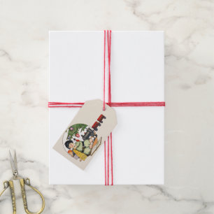 Étiquettes-cadeau Noël vintage, garçon heureux jouant avec des jouet