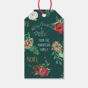 Étiquettes-cadeau Noël Watercolor Forest Green Floral Famille