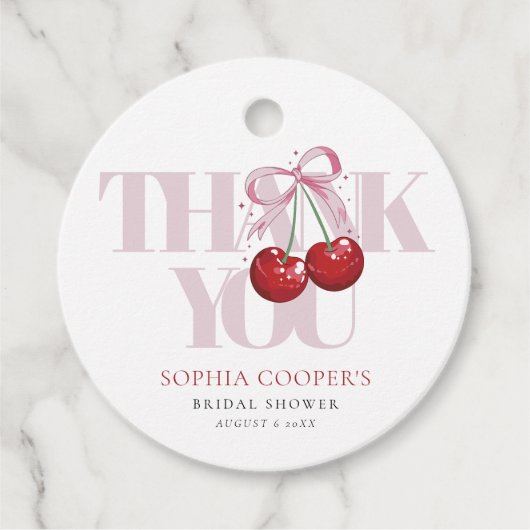 Étiquettes Cadeau Noeud Chic Moderne Réception de Mariage Cerise (Devant)