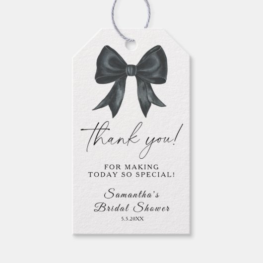Étiquettes-cadeau Nœud noir Elle se marie Remerciements de mariage (Devant)
