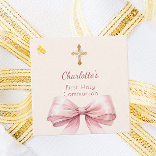 Étiquettes Cadeau Nœud rose poudré de première communion croix ivoir