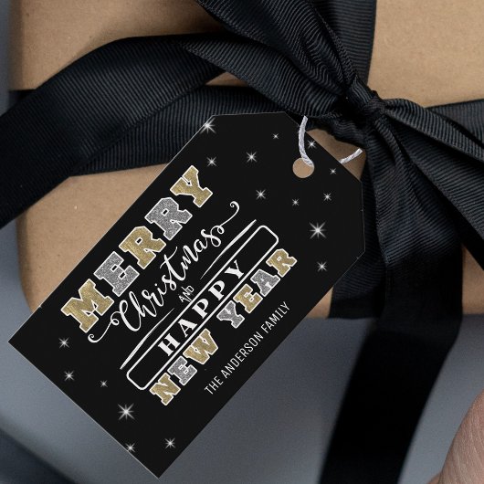 Étiquettes-cadeau Noir Argent & Or Joyeux Noël Bonne Année