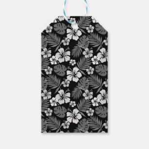 ÉTIQUETTES-CADEAU NOIR AVEC FLEURS HIBISQUES BLANCHES TROPICALES