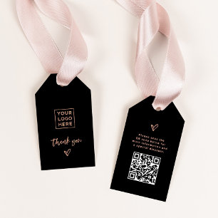 Étiquettes-cadeau Noir avec Rose Gold Script et Coeur Merci