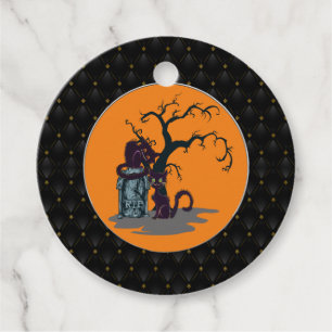 Étiquettes Cadeau Noir Boarder Chats Noirs Tombstone Tree Halloween