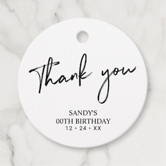 Étiquettes Cadeau Noir Brush Script Anniversaire Fête Merci Favorise (Devant)
