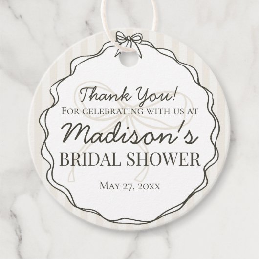 Étiquettes Cadeau Noir Cocotte Nœud Chocolat Rayé Douce Mariée (Devant)