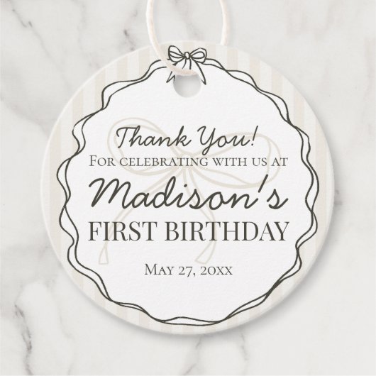 Étiquettes Cadeau Noir Coquette Bow Beige rayé Anniversaire (Devant)