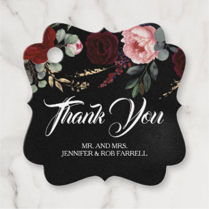 Étiquettes Cadeau Noir et Bourgogne Rouge Floral Mariage moderne