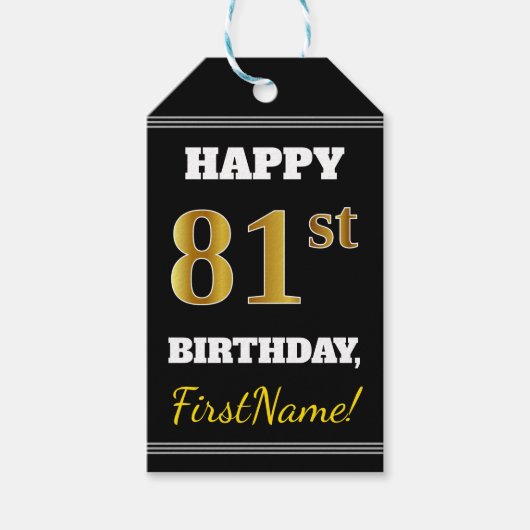 Étiquettes-cadeau Noir, Faux Or 81ème Anniversaire + Nom personnalis (Devant)