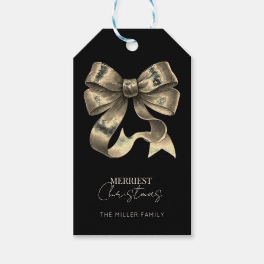 Étiquettes-cadeau Noir or brillant Bow Noël (Devant)