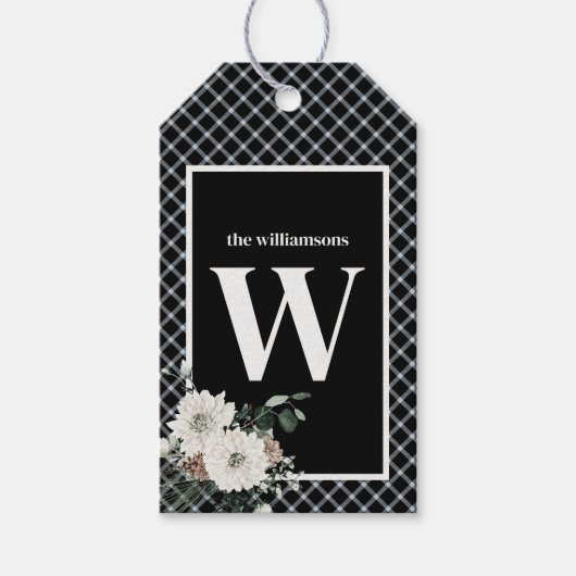 Étiquettes-cadeau Noir rustique Noir & Blanc Plaid Monogram Pine (Devant)