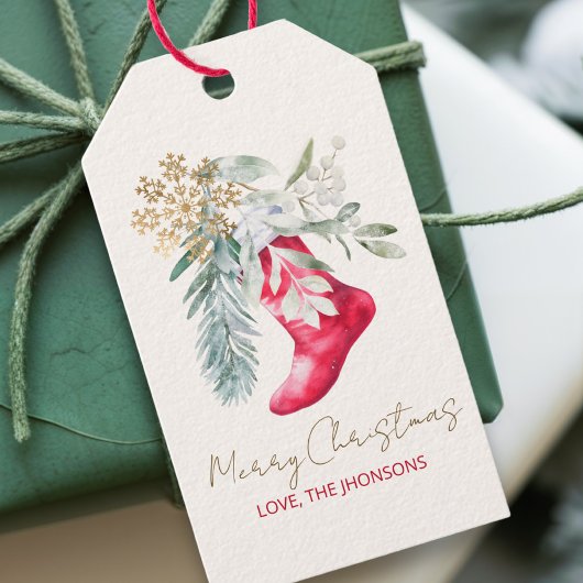 Étiquettes-cadeau Nom Chaussette de fête élégante à l'aquarelle et é