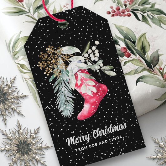 Étiquettes-cadeau Nom Chaussette de Noël Écriture Élégante Aquarelle