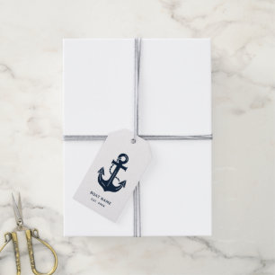 Étiquettes-cadeau Nom de bateau bleu marine nautique Ancre