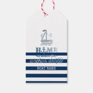 Étiquettes-cadeau Nom de bateau nautique, ancre rayée bleu marine
