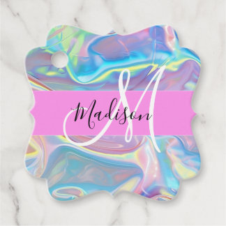 Étiquettes Cadeau Nom de monogramme holographique iridescent rose fé