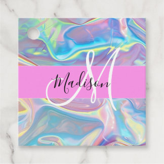 Étiquettes Cadeau Nom de monogramme holographique iridescent rose fé