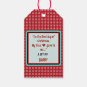 Étiquettes-cadeau Nom du devis du script des flocons blancs rouges (Devant)