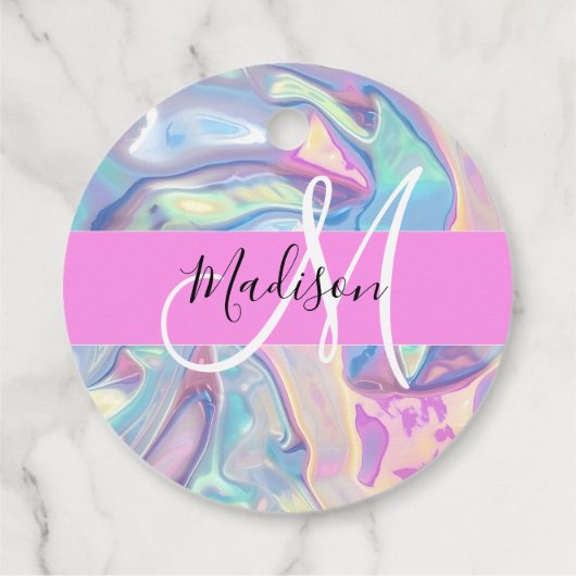 Étiquettes Cadeau Nom du monogramme d'iridescendance rose-fille (Dos)