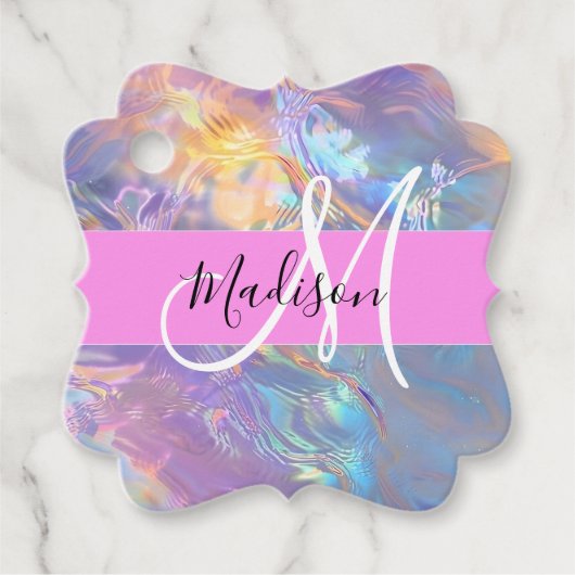 Étiquettes Cadeau Nom du monogramme d'iridescendance rose-fille (Devant)