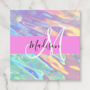 Étiquettes Cadeau Nom du monogramme d'iridescendance rose-fille