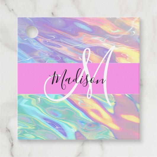Étiquettes Cadeau Nom du monogramme d'iridescendance rose-fille (Devant)
