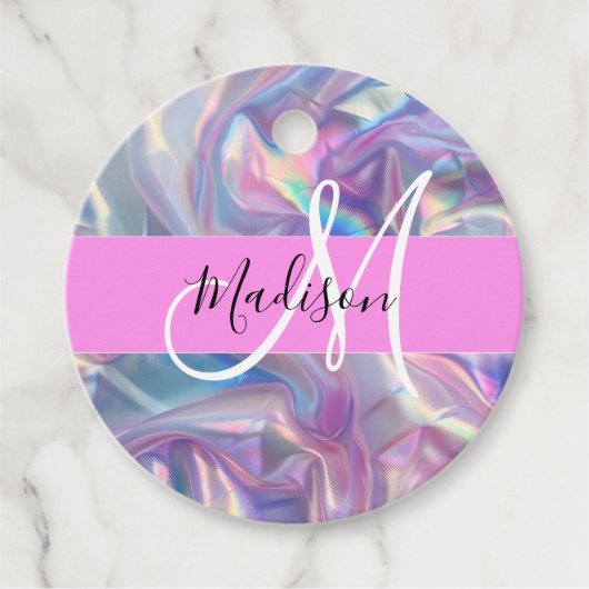Étiquettes Cadeau Nom du monogramme d'iridescendance rose-fille (Devant)