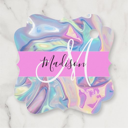 Étiquettes Cadeau Nom du monogramme d'iridescendance rose-fille (Dos)