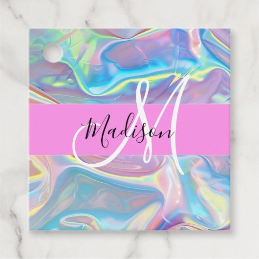 Étiquettes Cadeau Nom du monogramme d'iridescendance rose-fille (Devant)