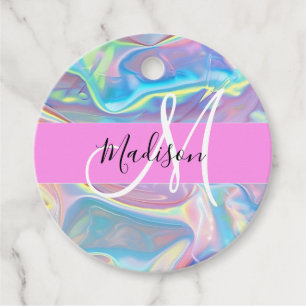 Étiquettes Cadeau Nom du monogramme d'iridescendance rose-fille